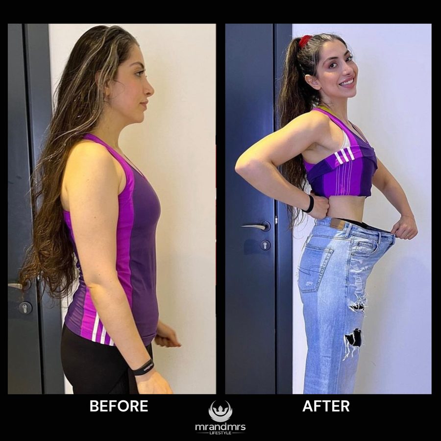 Female fat loss transformation with Mr and Mrs Lifestyle coaching — waist visibly smaller, old jeans now too big